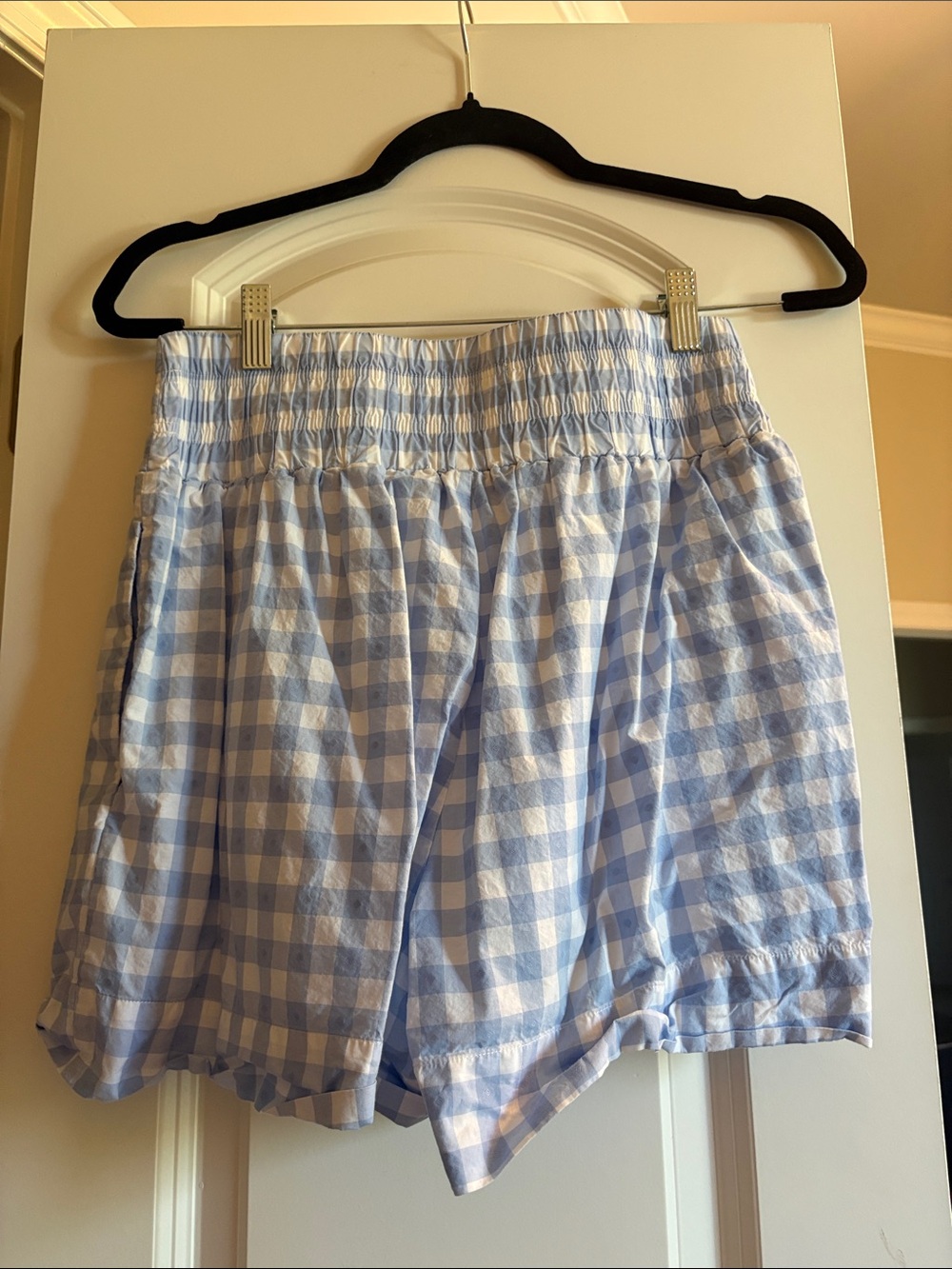 Hill House Light Blue Gingham High-Waist Smocked Shorts